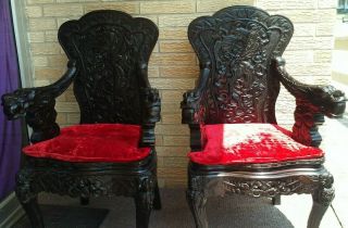 2 Rare Vintage Antique Asian Rosewood Hand Carved Dragon Arm Chairs Throne Style