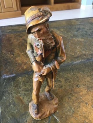 Vintage Hand - Carved Wood Figurine– Man With A Pipe And Coin Pouch