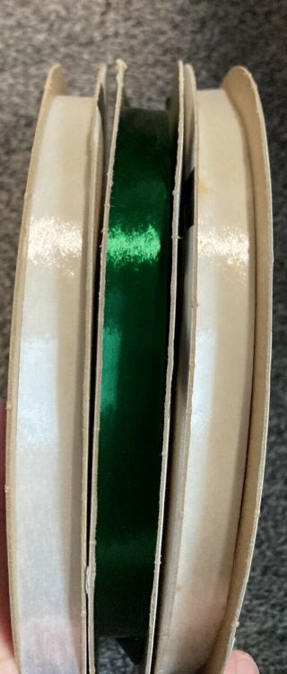(3) Vintage 3M Sasheen Ribbon Rolls 5/8” 250 Yards 2 - White 1 - Emerald Green (Rare) 2