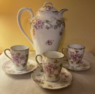 Antique Bavaria Chocolate Pot Pitcher Purple Violets With 3 Cups & Saucers 9 In.