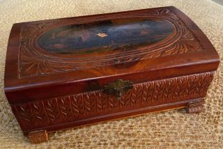 Vintage Early 20th Century Hand Carved Wooden Box Victorian Leaf Design W/mirror