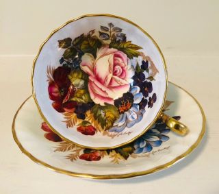 Aynsley Cabbage Rose Teacup/saucer J.  A.  Bailey On Rare White Background - Wow