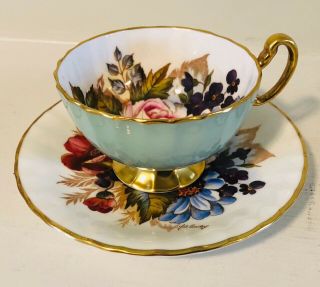 AYNSLEY CABBAGE ROSE TEACUP/SAUCER J.  A.  BAILEY on RARE WHITE BACKGROUND - WOW 2