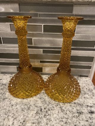Amber Glass Hobnob 8” Tall Candle Holder Antique Vintage Set Of 2