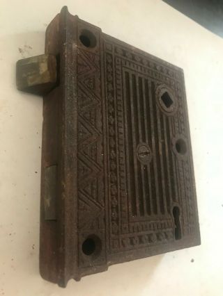 Rare Unique Antique Eastlake Victorian Cast Iron Door Rim Lock -