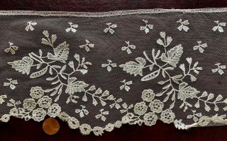 19th C.  Brussels bobbin lace applique on net deep border - trailing floral 2