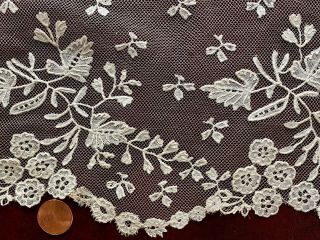 19th C.  Brussels bobbin lace applique on net deep border - trailing floral 3