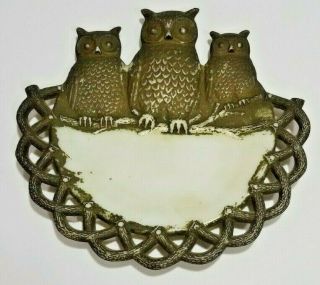 Antique Westmoreland Milk Glass 3 Owls On A Branch Candy Card Dish 1901 Patent