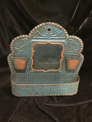 Antique Victorian Embossed Tin Painted Comb Pin Brush Holder Mirror Wall Hanging