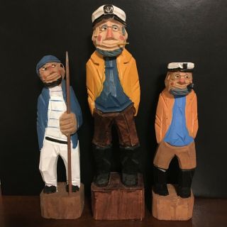 3 Vintage Hand Carved Wooden Fisherman Captain Sailor Nautical Figures Set