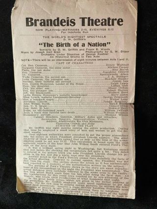 Rare Vintage Birth Of A Nation (1915) Program Brandeis Theatre Omaha Nebraska