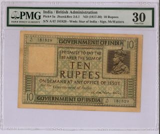 1917 - 30 British India Kgv Rs 10 Rupee Ac Mcwatters Pmg 30 Vf P 5a Rare