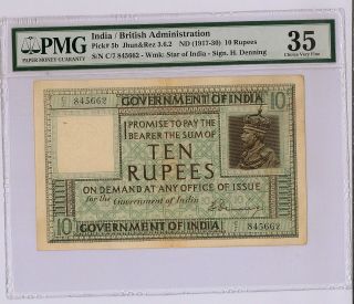 1917 - 30 British India Kgv Rs 10 Rupee H Denning Pmg 35 Vf P 5b Rare