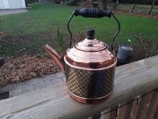 Vintage Brass And Copper Kettle With Wood Handle.  Collectible Antique Kitchenware