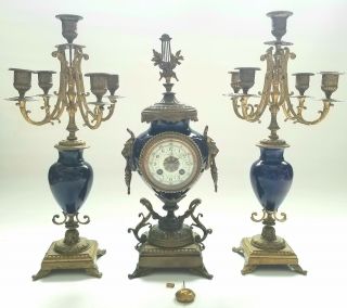 Antique Marti/japy French Porcelain Bronze Mantle Clock With Candelabras Rare