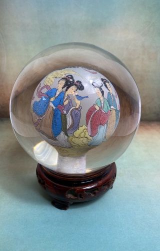 Rare Vintage Asian Mid Century Oriental Reverse Hand Painted Paperweight W Stan