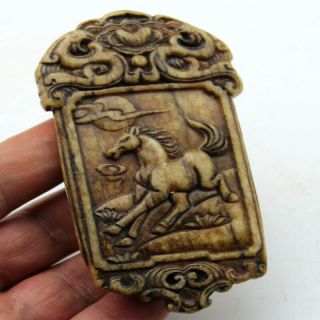V087 Ancient China Hand Carved Old Jade Relief Horse Waist Card Pendant 4 "
