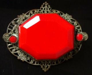 Vintage Edwardian / Art Nouveau Era Bohemian Red Glass Antique Brooch Pin