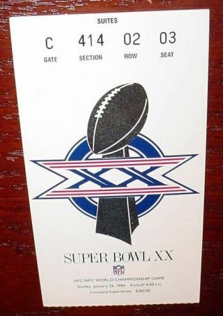 Bowl Ticket Stub Xx - 1986 Chicago Bears England Patriots White Rare?