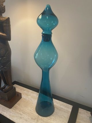 Large And Rare 588 Blenko Rocket Floor Decanter In Blue/turquoise - 30”,