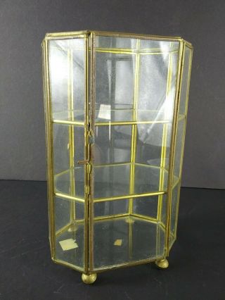 Vtg Brass Curio Glass Shelve Pentagon Table Top Cabinet Display Case 8 1/2 " Tall