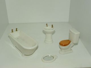 Dollhouse Miniature Furniture Bathroom Set Tub,  Toilet,  Sink And Mirror Ceramic