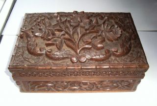 Antique Anglo Indian Asian Deep Carved Wooden Cigarette Trinket Jewel Box