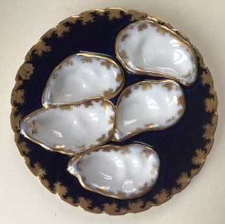 Antique French Haviland Limoges Porcelain Oyster Plate,  Blue White & Gilt,  A.  F