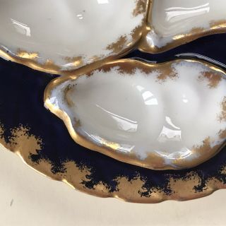 Antique French Haviland Limoges Porcelain Oyster Plate,  Blue White & Gilt,  a.  f 3