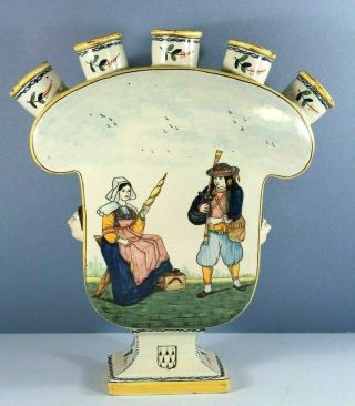 Rare 19th C Antique Hb Only Quimper French Faience Tulipiere Impressive Size