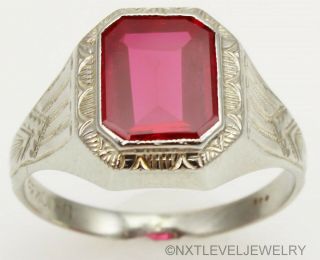 Antique Art Deco Rare Signed Ostby & Barton Ruby 10k Solid White Gold Men 