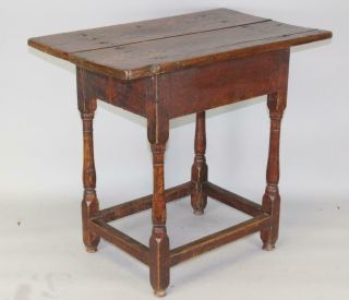 RARE 18TH C WILLIAM AND MARY STRETCHER BASE TAVERN TABLE IN RED PAINT 2