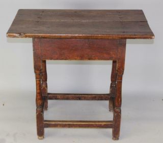 RARE 18TH C WILLIAM AND MARY STRETCHER BASE TAVERN TABLE IN RED PAINT 4