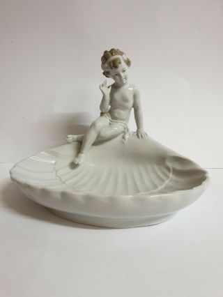 Antique German Porcelain Figurine Boy / Cherub On A Shell Rosenthal Style