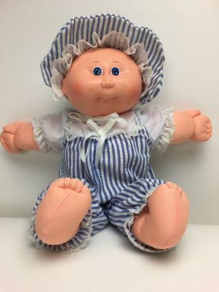 Cabbage Patch Doll Blue Eyes Bald Baby With Blue Striped Outfit And Hat