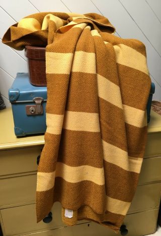 Blanket 70s Vintage Yellow Brown Stripe Wool Double Retro Throw Picnic Afghan