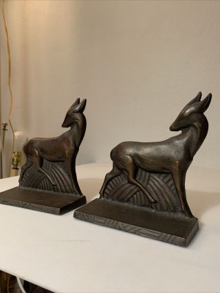 Antique Vintage Pair Cast Iron Bronze Finish Deer Bookends 1920s 1930s Art Deco
