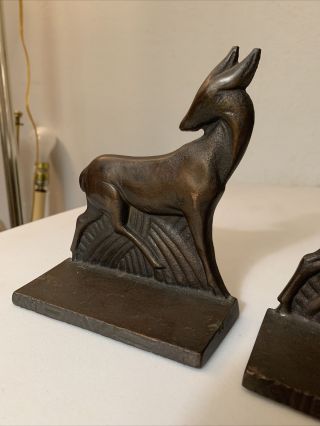 Antique Vintage Pair Cast Iron Bronze Finish Deer Bookends 1920s 1930s Art Deco 3