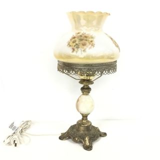 Vintage Flower Glass Lamp - Brass And Marble Like Base 454