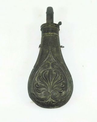 Antique Pre - Civil War Small Zinc Powder Flask With Embossed Scene