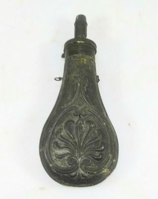 Antique pre - Civil War small zinc powder flask with embossed scene 3