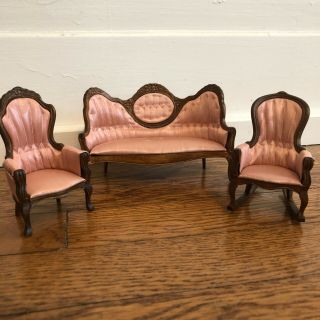 Vintage Victorian Pink Satin Sofa And Two Chairs Dark Wood Made In Taiwan