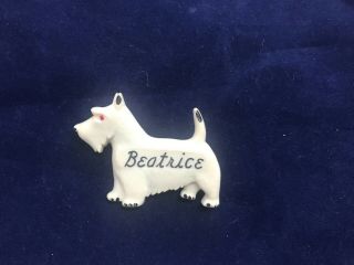 Vintage White Plastic Scottish Terrier Scottie Dog Brooch Pin Beatrice Monogram