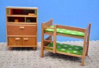 Vintage Miniature Doll House Wood Bunk Beds And Cabinet