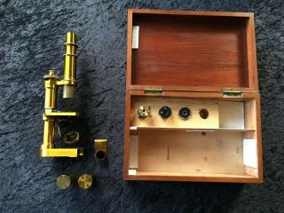 Rare Antique Carl Zeiss Jena Brass Microscope,  Wooden Box,  Objectives A,  D