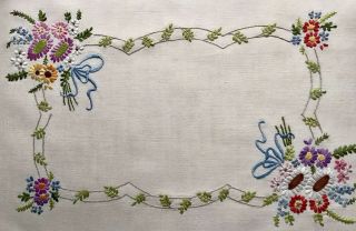 Gorgeous Vintage Linen Hand Embroidered Tray Cloth Ribboned Floral Posies