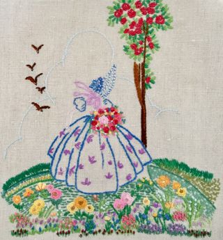 Vintage Hand Embroidered Linen Tea Cosy Crinoline Lady In A Cottage Garden No.  25