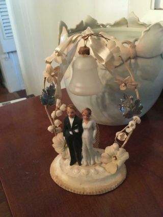 Vintage German Wedding Cake Topper Bride And Groom Flowers Foil Leaves Bell