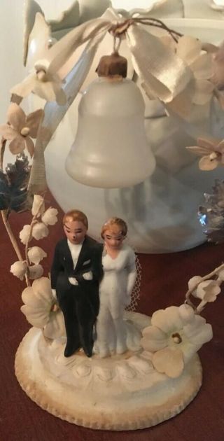 Vintage German Wedding Cake Topper Bride and Groom Flowers Foil Leaves Bell 2