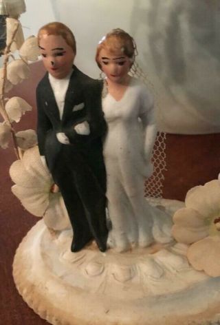 Vintage German Wedding Cake Topper Bride and Groom Flowers Foil Leaves Bell 3
